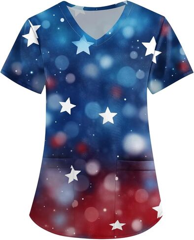 فرك الرابع من يوليو للنساء ضد الرقبة القصير الأكمام مع الجيوب العلم طباعة قمم الوطنية ملابس التمريض in Kuwait