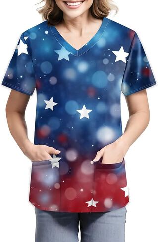 فرك الرابع من يوليو للنساء ضد الرقبة القصير الأكمام مع الجيوب العلم طباعة قمم الوطنية ملابس التمريض in Kuwait