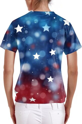 فرك الرابع من يوليو للنساء ضد الرقبة القصير الأكمام مع الجيوب العلم طباعة قمم الوطنية ملابس التمريض in Kuwait