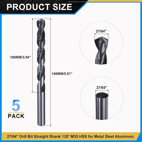 PATIKIL 27/64" Drill Bit, Jobber Straight Shank M35 Cobalt 5% High-Speed Steel 135° Nitriding Black for Stainless Steel Hard Metal - 5 Pack in Saudi Arabia