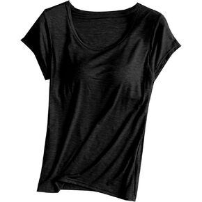 Womens Built-in Bra T-Shirt Padded Active Yoga Tops Short Sleeves Plain Blouses Soft Pajama Casual Workout Shirts