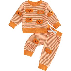 Toddler Baby Boy Girl Halloween Outfit Ghost Pumpkin Print Waffle Long Sleeve Sweatshirt Pants Fall Winter Clothes