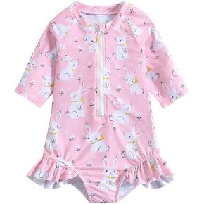 Baby Girls Cute Bunny Swimsuit Half Zipper Long Sleeve Bathing Suit Coverup Rash Guard Toddler Beach Bikini Swimwear