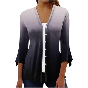 ZYXTIM 3/4 Bell Sleeve Casual Cardigans Womens Open Front Gradient Trendy Summer Beach Shirts Cover Up Kimono Plus Size