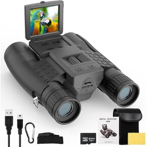 12x32 Binoculars with Camera, Large View Binoculars for Adults High Powered, FMC & BAK4 Prism Lens, 2" LCD Display 5MP 1080P Video Photo Recorder, for Bird Watching Hunting Black