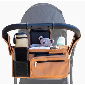 Vegan Leather Stroller Caddy with Cup Holder - Universal Stroller Organizer with Cup Holder & Non-Slip Hooks, Shoulder Strap, Stroller Cup Holder fits UppaBaby, Mockingbird, Nuna, BOB and more