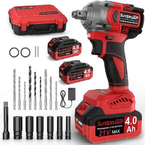 800N·m Cordless Impact Wrench - 2-in-1 Power Impact Wrench with 2 * 4.0Ah Battery & 9 Drill Bits & 6 Socket Sets & Charger & Carrying Case