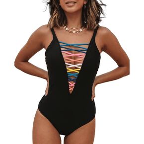 Women's Colourful Tie Crisscross Bathing Suit One Piece Deep V Neck Bathing Suits Tummy Control Bathing Suits