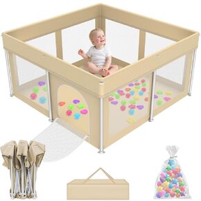Foldable Playpen for Babies and Toddlers,50"×50" Collapsible Play Pen with 50 Ball Pit Balls, Portable Indoor & Outdoor Play Yard, Baby Fence with Carry Bag, Mat Not Include, Beige