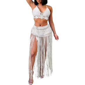 Women 2 Piece Swimsuit Coverup Sexy Crochet Hollow Out Bathing Suit Beach Crop Bra Long Tassel Skirt Sets