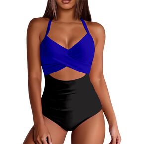 Womens One Piece Swimsuits Waisted Cross Tummy Control Cutout High Waisted Bathing Suit Straps Pad Swimwear