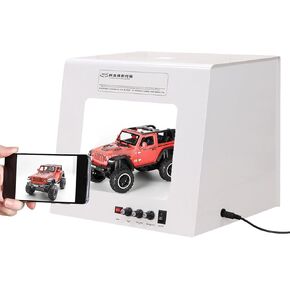 11.8x10.2x10.2 Photography Table Top Light Box, with Electric Rotating Platform, 4 LED Photo Studio Shooting Tent with 5 Color Backdrops, Phone Tripod Holder