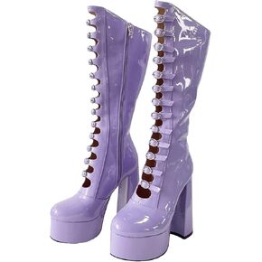 Frankie Hsu Gothic Lolita Women's Large Big Size Buckle Strap Purple Patent Leather Platform Chunky Block Heels Knee High Heeled Boots