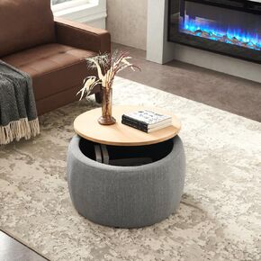 Round Storage Ottoman with 2-in-1 Function | Navy Blue Upholstered Ottoman Doubles as End Table or Footrest | Compact Living Room Bedroom Furniture – 25.5"x25.5"x14.5" (Navy + MDF)