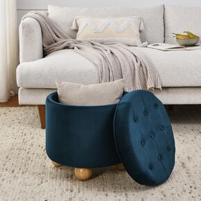 Multi-Functional Circular Flannel Storage Cabinet | Button Tufted Design, with Reversible Cover, can be Converted into a Desktop | Green Living Room Furniture (Dark Yellow + Foam)