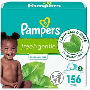 Pampers Baby Wipes, Free & Gentle, Hypoallergenic and Unscented Wipe, 100% Plant Based, Plastic-Free for Babies, 156 Total (2 Flip-Top Packs)