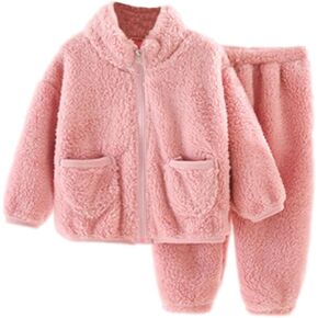 Toddler Boys Girls 2-Piece Fleece 𝐏ajamas Set Kids Soft Fleece Sherp𝐚 Full-zip Jacket Top+Pants Winter Sl𝐞epwear