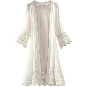 Lace Long Sleeve Beach Kimono Cover Up for Women Bikini Swimsuit Cover Ups Sun Protection Sheer Swimwear Cardigan