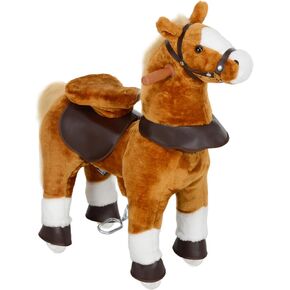 Qaba Ride on Horse, Walking Horse Toy, Kids Plush Riding Horse, Pony with Wheels & Neighing Sound for 3-5 Years Old up to 132 Pounds, Brown