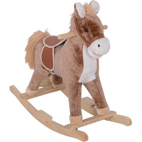 Qaba Kids Rocking Horse, Ride on Horse for Toddlers with Soft Plush Body, Wooden Base & Handle Grip for 3+ Year Old Boys and Girls, Brown