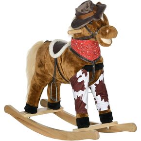 Qaba Baby Rocking Horse, Large Riding Horse, Plush Animal Rocker with Realistic Sound, Saddle, Toy for Boy Girl Ages 3-8 Years Old, Brown
