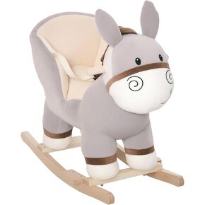 Qaba Kids Rocking Chair, Plush Ride On Rocking Horse Donkey with Sound, Wood Base Seat, Safety Belt, Baby Toddler Rocker Toy for 18-36 Months, Gray