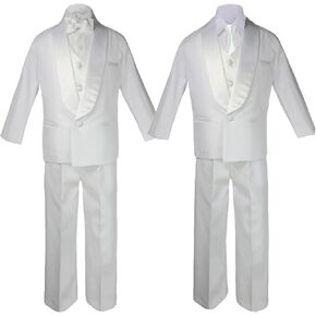 5-7pc Boy Baby Teen White Satin Shawl Lapel Suits Tuxedo Ivory Satin Bow tie Set