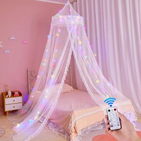 Unicorn Castle Bed Canopy for Girls with Remote Timer Breathable Net Canopy for Bed with 8 Modes LED Lights Canopy Bed Curtains for Girls Room Decor,Blue
