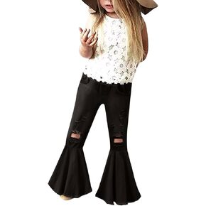 Flare Jeans for Girls Mid Waist Bell Bottom Trousers Vintage Ripped Tassel Flares Bootcut Leggings Kids Denim Pants