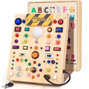 Busy Board with 19 LED Light Switches, Montessori Toys for 1 2 3 Years Old, Wooden Sensory Board, Toddlers Toys Activity Travel Toys for 1 2 3 Year Old Boy & Girl Birthday Gift (Big)