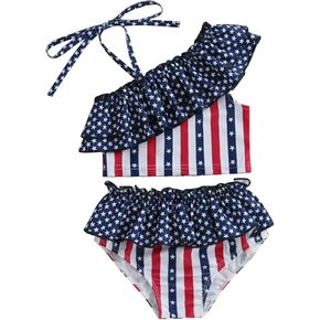Kids Toddler Girl 4th of July Swimsuit Stars Stripes One Shoulder Bathing Suit Two Piece Swimwear Bikini Set