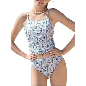 OYOANGLE Girl's Ocean Print Tankini Swimsuits Spaghetti Strap Cute Swimwear Beach 2 Piece Bathing Suits