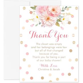 Pink and White Floral Baby Shower Thank You Cards with Names and Message, 4.25x5.5" Polka Dot Personalized FLAT Thank You Cards for Baby Girl, Envelopes Included