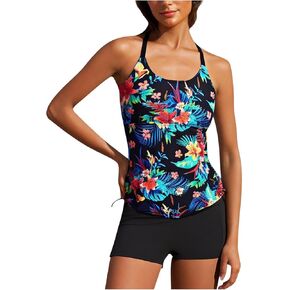 Women's Summer Tankini Swimsuit, Sling Tops and Shorts, Solid Color Bathing Suit for Vacation