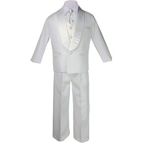 5-7pc Boy White Satin Shawl Lapel Suits Tuxedo Silver Satin Bow tie Sm-7