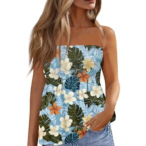 Women Tube Tops Sleeveless Off Shoulder Tops Strapless Bandeau Sexy Shirts Beach Print Smocked Ruffled T-Shirt
