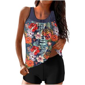 Tankini Swimsuits for Women Modest Swim Suit Tops Two Piece Swimwear with Shorts Floral Print Bathing Suit Beachwear
