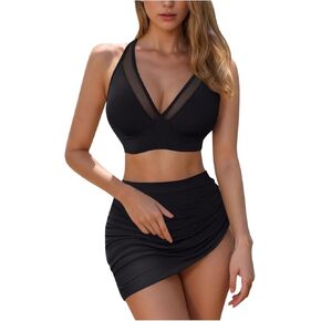 Women's High Waisted Bikini Set Two Piece Swimsuit Tummy Control Bathing Suit Skirt Bottoms Halter Push Up Swimsuit