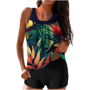 Women's Fashionable Summer Swimwear, Conservative Print Two-Piece Tankini Swimsuit for Beach Cover-Up