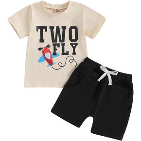 Toddler Baby Boy 2nd Birthday Outfit Two Fly Airplane Short Sleeve T-Shirt Tops Shorts Set Summer Clothes