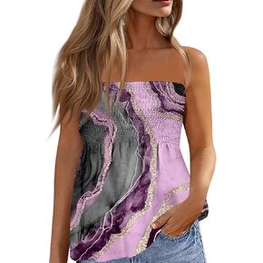 Womens Strapless Bandeau Tank Tops Tube Tops Floral Tanks Smocked Ruffled Backless Casual Bandeau Sleeveless Shirts