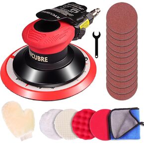 Pneumatic Air Sander 6 Inch DA Palm Sander, High Speed Random Orbital Sander for Woodworking & Auto Polishing (including 12 sandpaper + 4 polishing pads + accessories)