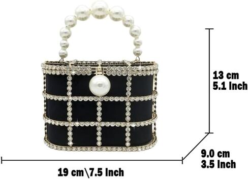 Synthetic Pearl Top-Handle Women Metal Bucket Bag Crystal Evening Purses and Clutches Formal Wedding Handbags (Black) in Saudi Arabia