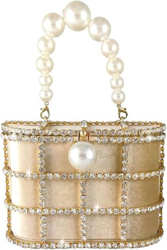 Synthetic Pearl Top-Handle Women Metal Bucket Bag Crystal Evening Purses and Clutches Formal Wedding Handbags (Black) in Saudi Arabia