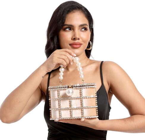 Synthetic Pearl Top-Handle Women Metal Bucket Bag Crystal Evening Purses and Clutches Formal Wedding Handbags (Black) in Saudi Arabia