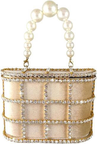 Synthetic Pearl Top-Handle Women Metal Bucket Bag Crystal Evening Purses and Clutches Formal Wedding Handbags (Black) in Saudi Arabia