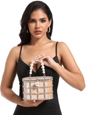 Synthetic Pearl Top-Handle Women Metal Bucket Bag Crystal Evening Purses and Clutches Formal Wedding Handbags (Black) in Saudi Arabia
