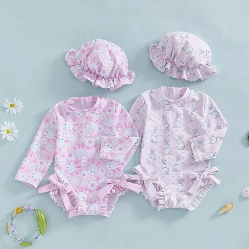 Baby Girls قطعة واحدة طويلة الأكمام التستر مع القبعة القوس print الكشكشة Ruched Rash Guard Beach Sportwear in Kuwait