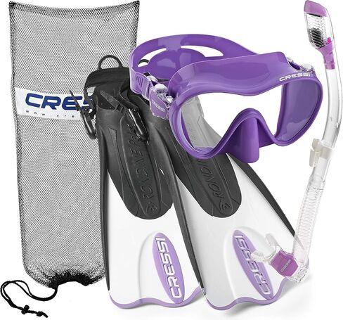 Cressi Italian Design Premium Tempered Glass Lens Frameless Scuba Snorkeling Dive Mask - Dry Snorkel - and Palau Short Snorkeling Fin and Snorkel Set Gear Bag, BKBL-SM in Saudi Arabia
