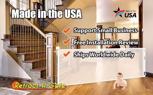 Retract-A-Gate 52 Inch White Retractable Baby and Dog Gate, Made in USA | The original certified retractable gate for top & bottom stairs; 200lb push-out force, angled installs, wide, tall, & sleek in Saudi Arabia